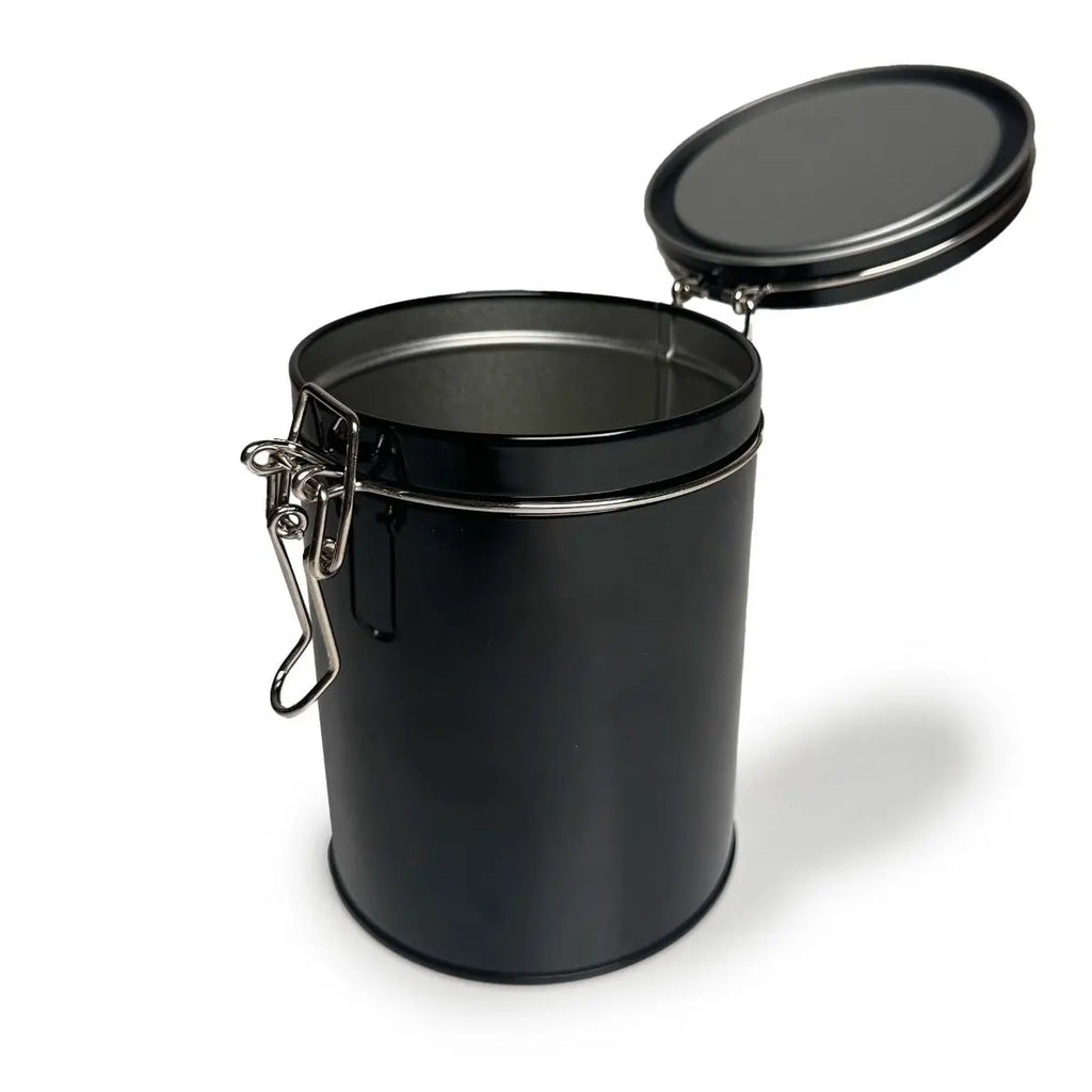 Boîte à thé ronde à couvercle à clip – Noire (150 g)